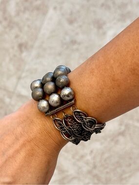 Vintage Expandable Silver Tone Bracelet Chunky Beaded Chain Statement Cuff